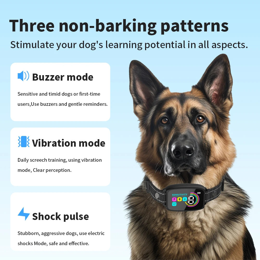 Smart Anti-Bark Dog Collar with LCD Display - Rechargeable, Waterproof, 3 Training Modes