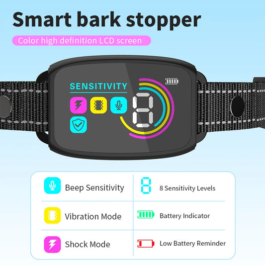Smart Anti-Bark Dog Collar with LCD Display - Rechargeable, Waterproof, 3 Training Modes